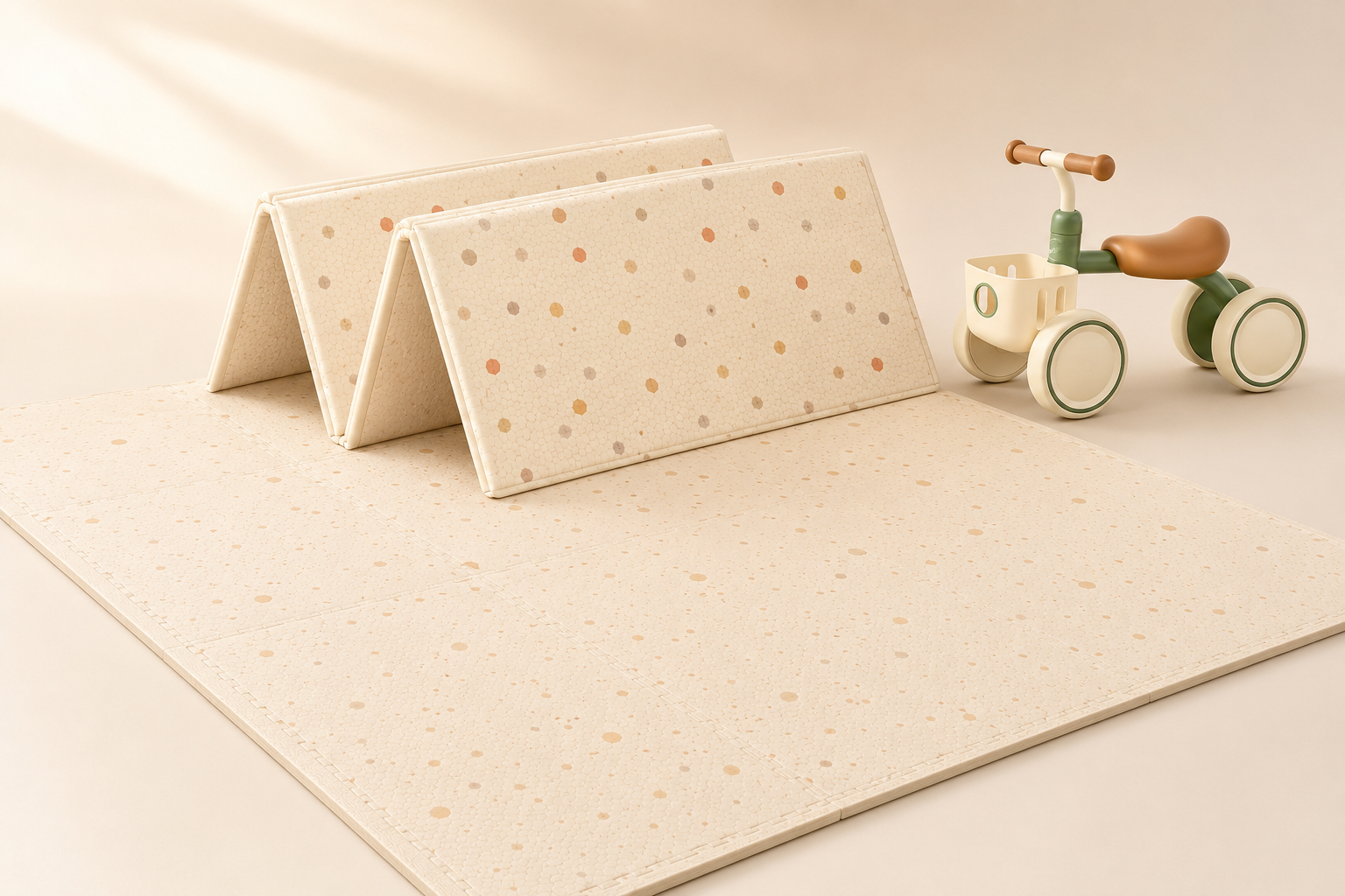 Folding and puzzle play mats displayed with a toddler ride-on toy